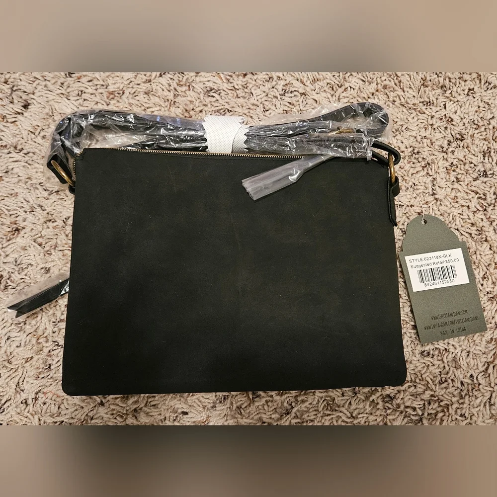 Vegan Suede Black Crossbody V-shape Zipper Detail and Decorative Tassel BNWT - Picture 2 of 3